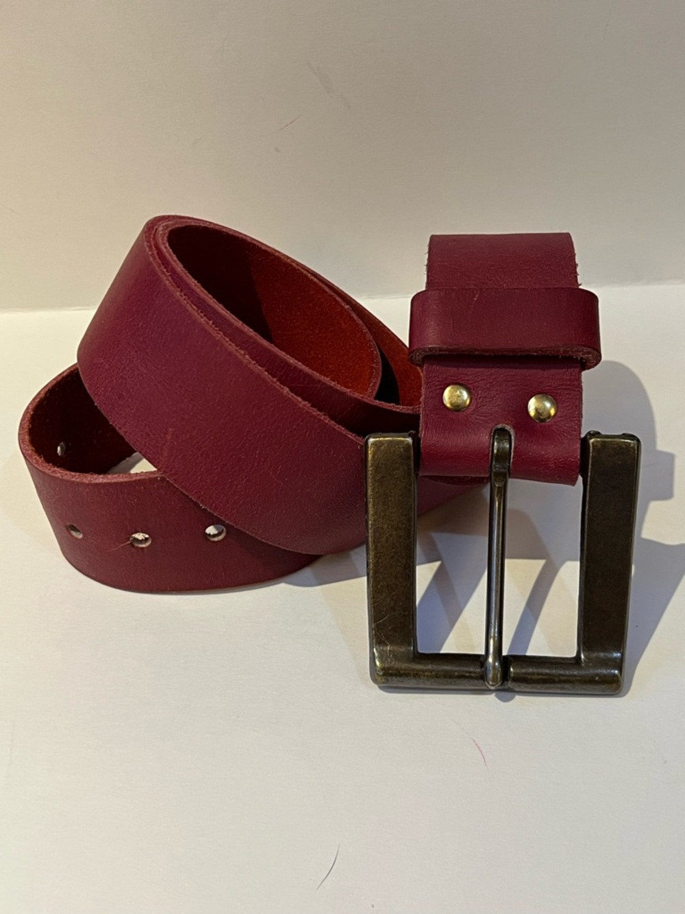 Vintage Men's Leather Belt in Deep Burgundy with Antique Brass Buckle